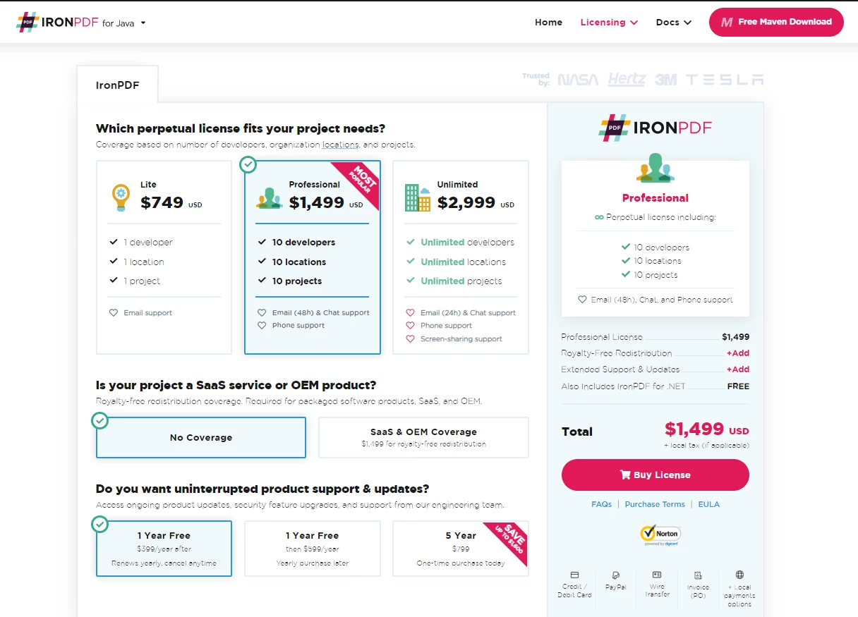 A Comparison between IronPDF For Java and Apache PDF Box for Java - Figure 14: IronPDF Licensing