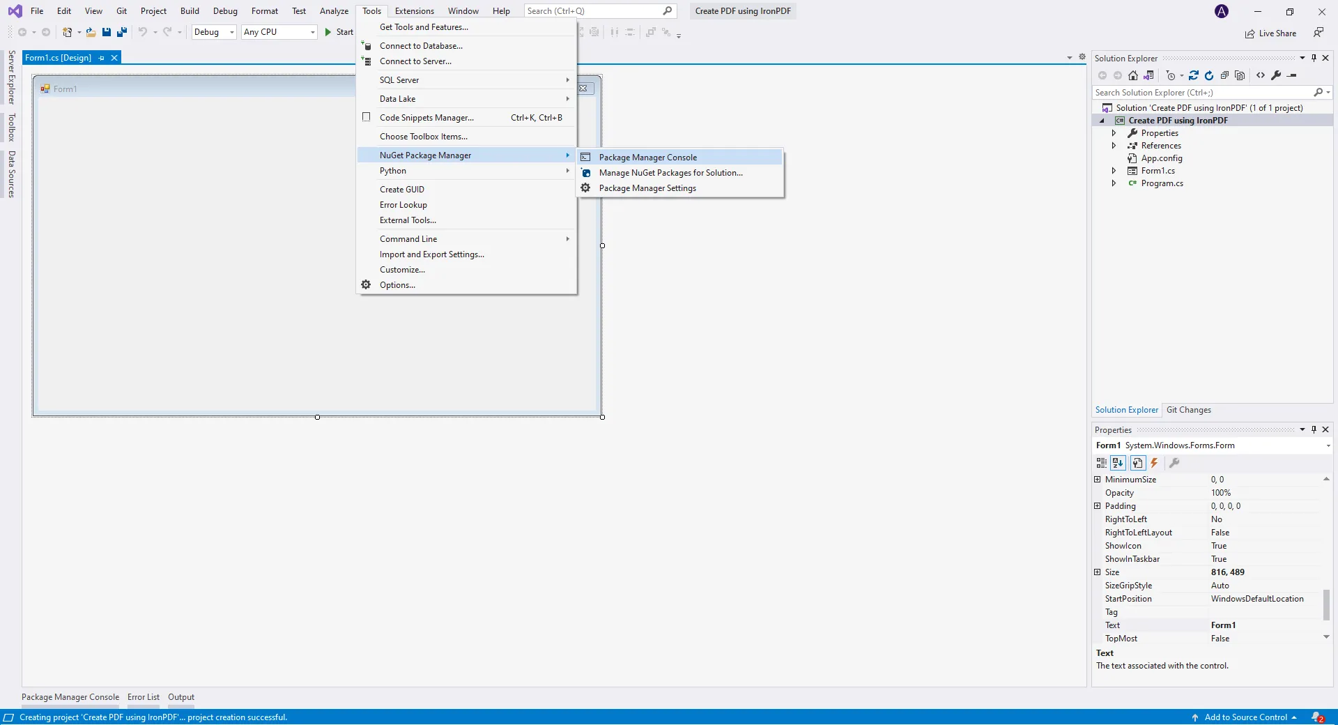 5 steps to Generate a PDF File in C# using IronPDF, Figure 5: Open Package Manager Console window