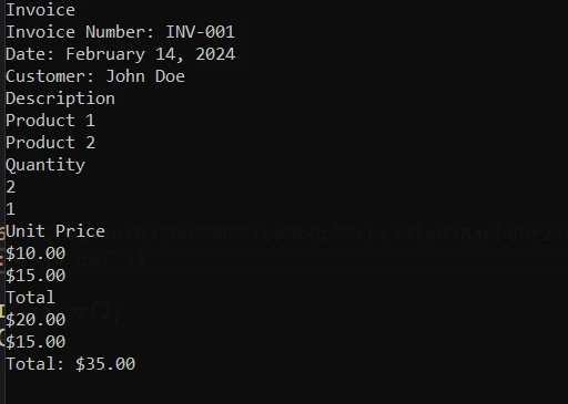 A Comparison Between IronPDF & Apryse C#: Figure 18 - Console output of the extracted text from a PDF