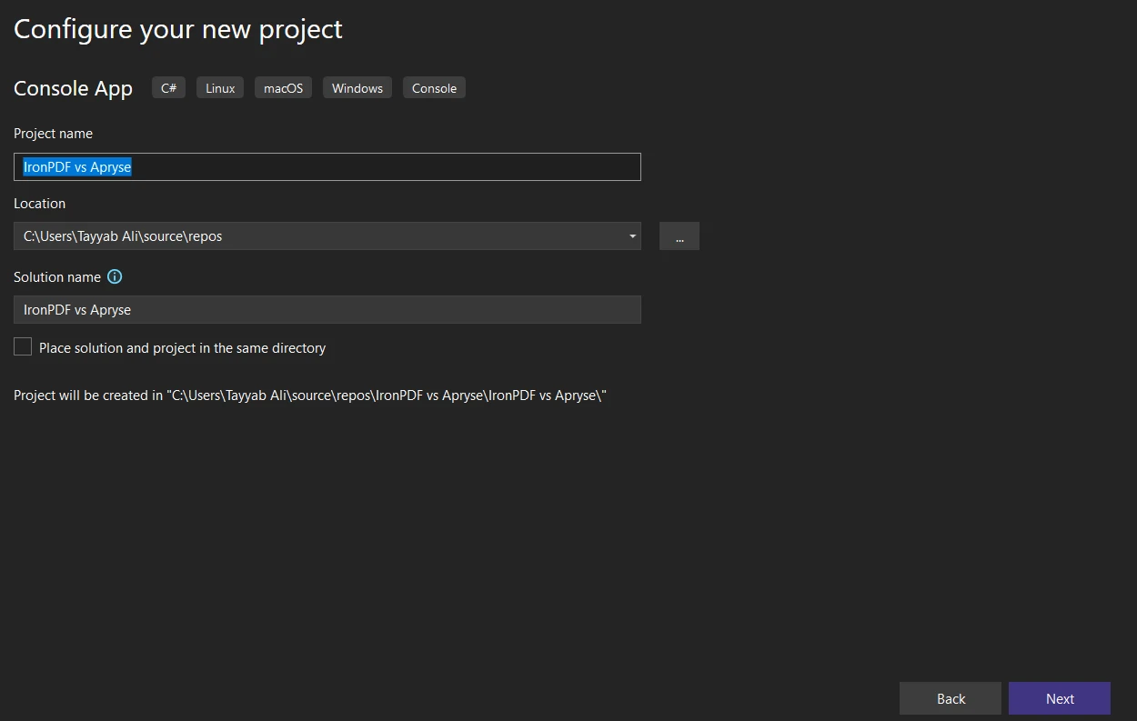 A Comparison Between IronPDF & Apryse C#: Figure 5 - Configuring the project details