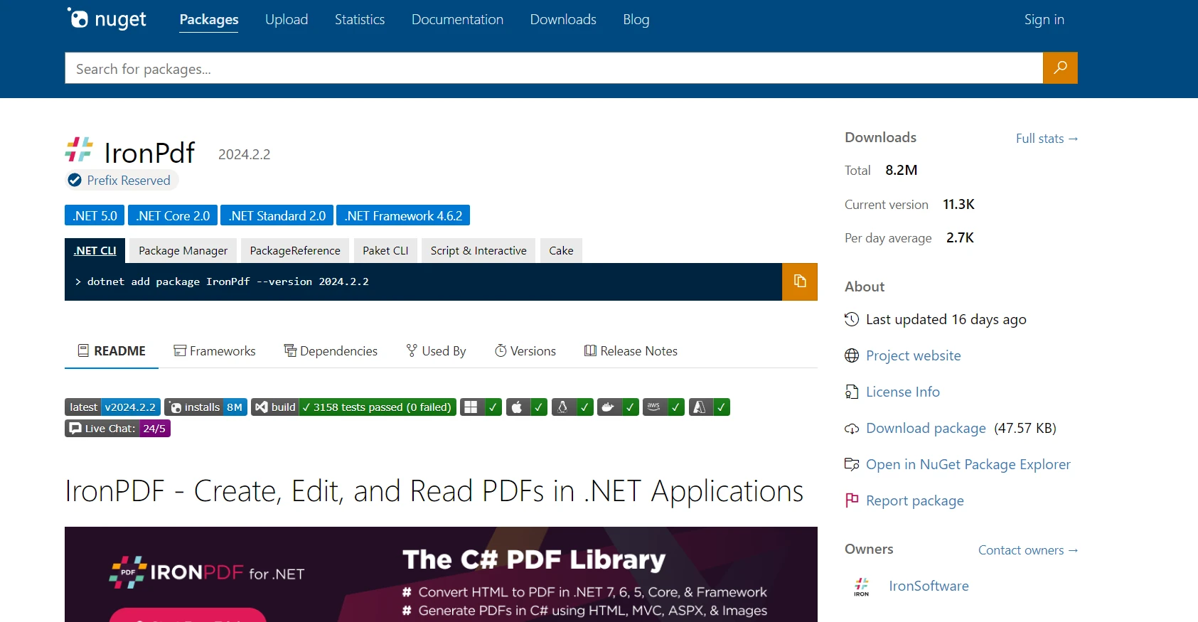 A Comparison Between IronPDF & Apryse C#: Figure 8 - Directly installing IronPDF throughthe NuGet webpage