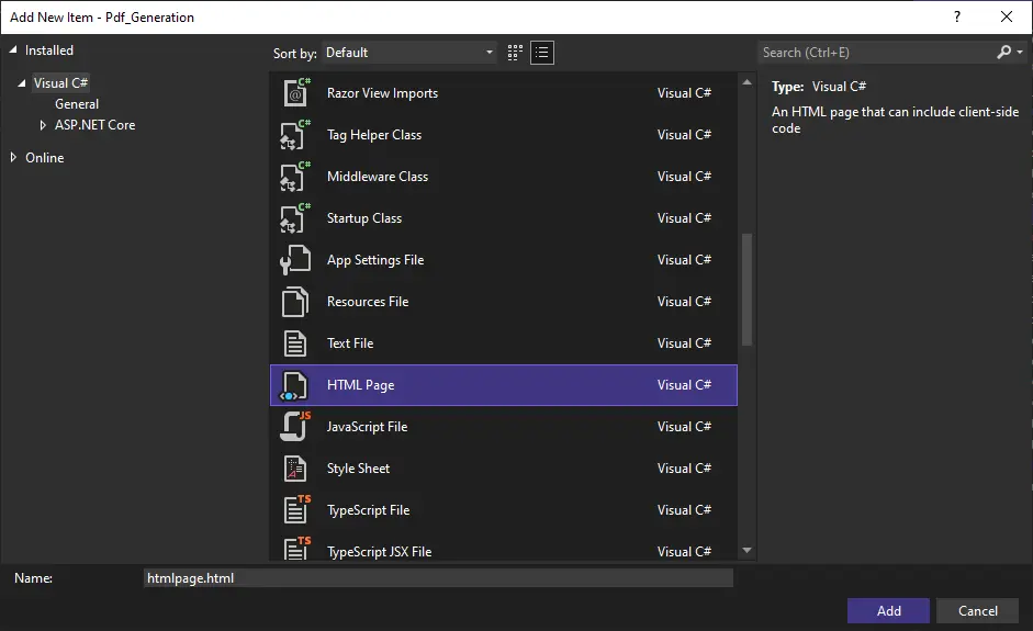 How to Display a PDF File in ASP.NET Core: Figure 9 - Add a New Web Page