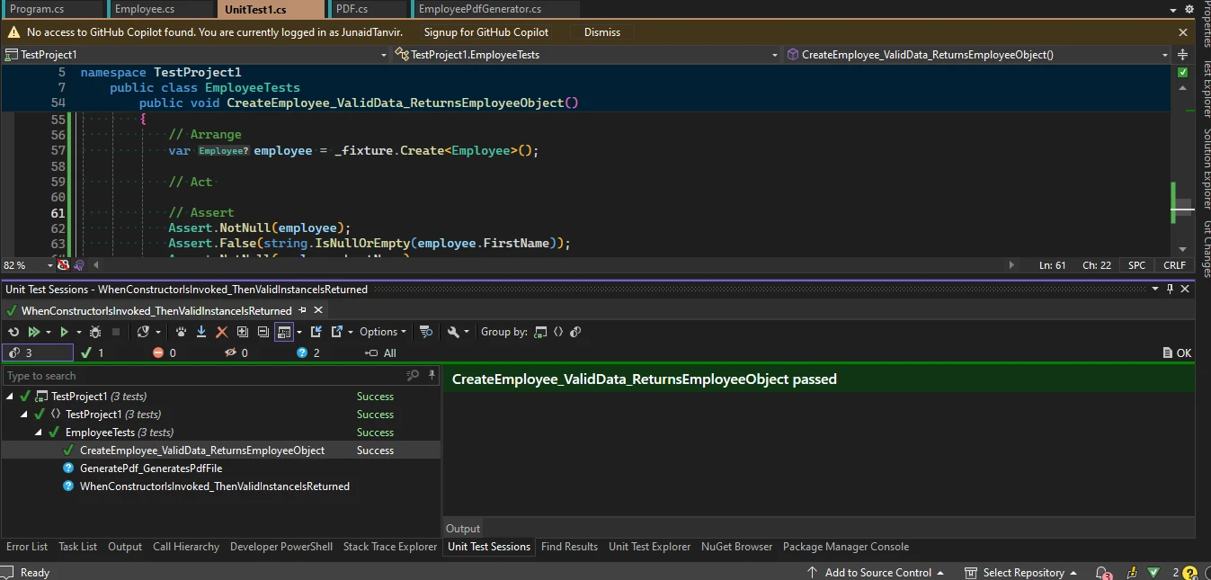 AutoFixture C# (How It Works For Developers): Figure 2 - Valid Employee Data Unit Test