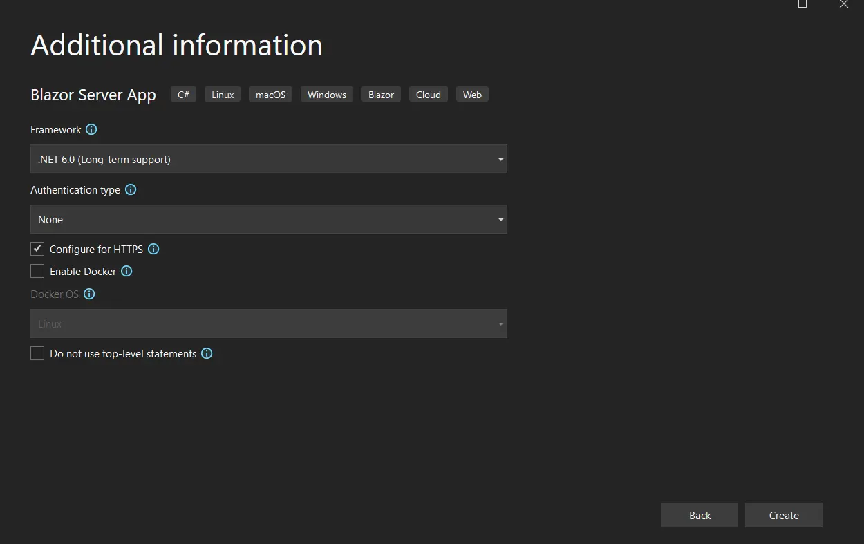 Create a PDF File with Blazor Tutorial, Figure 3: Creating a New Project in Visual Studio with the .NET 6.0 Framework