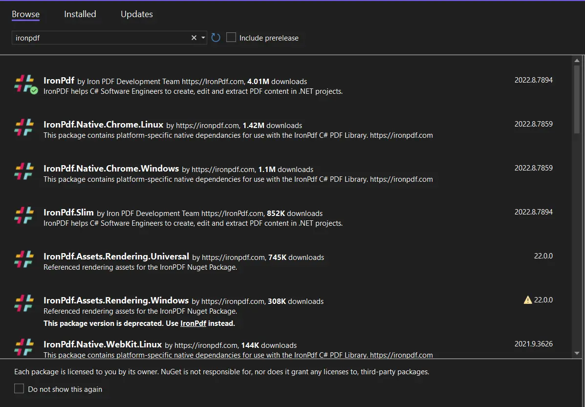 Create a PDF File with Blazor Tutorial, Figure 5: Searching for the IronPDF library in the NuGet Package Manager GUI