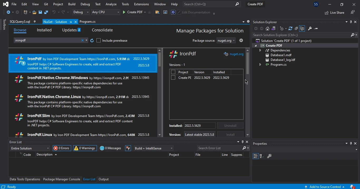 How to Display PDF From Byte Array in Blazor, Figure 7: Search and install the IronPDF package in NuGet Package Manager UI