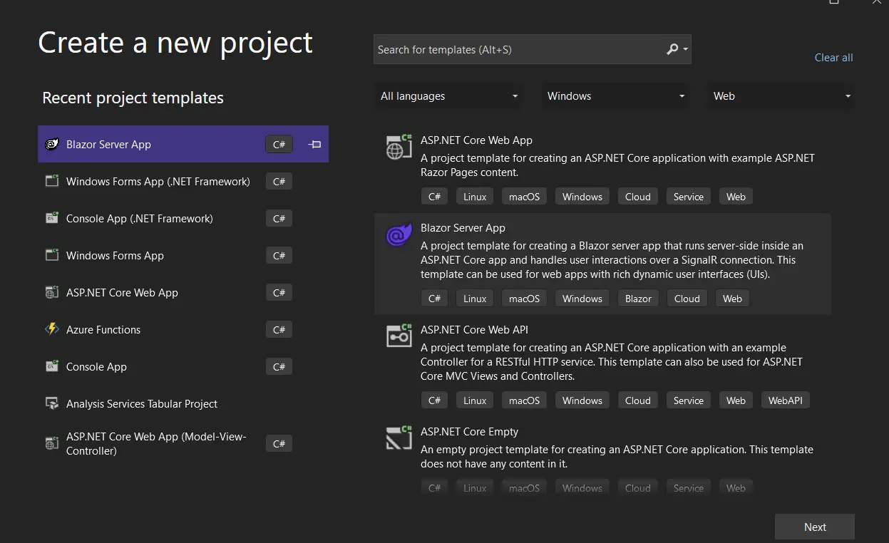 Blazor PDF Viewer Tutorial, Figure 1: Creating a New Project in Visual Studio