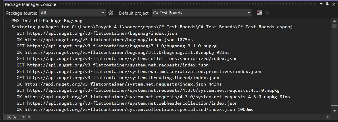 Bugsnag C# (How It Works For Developers): Figure 1 - Installing BugSnag through NuGet Console in Visual Studio