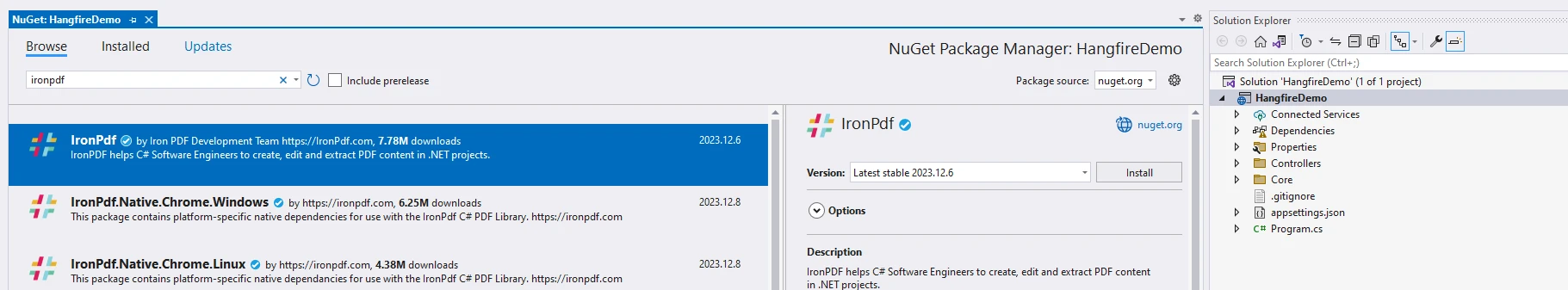 How to Convert Color PDFs to Grayscale, Image 11: Installing IronPDF via NuGet