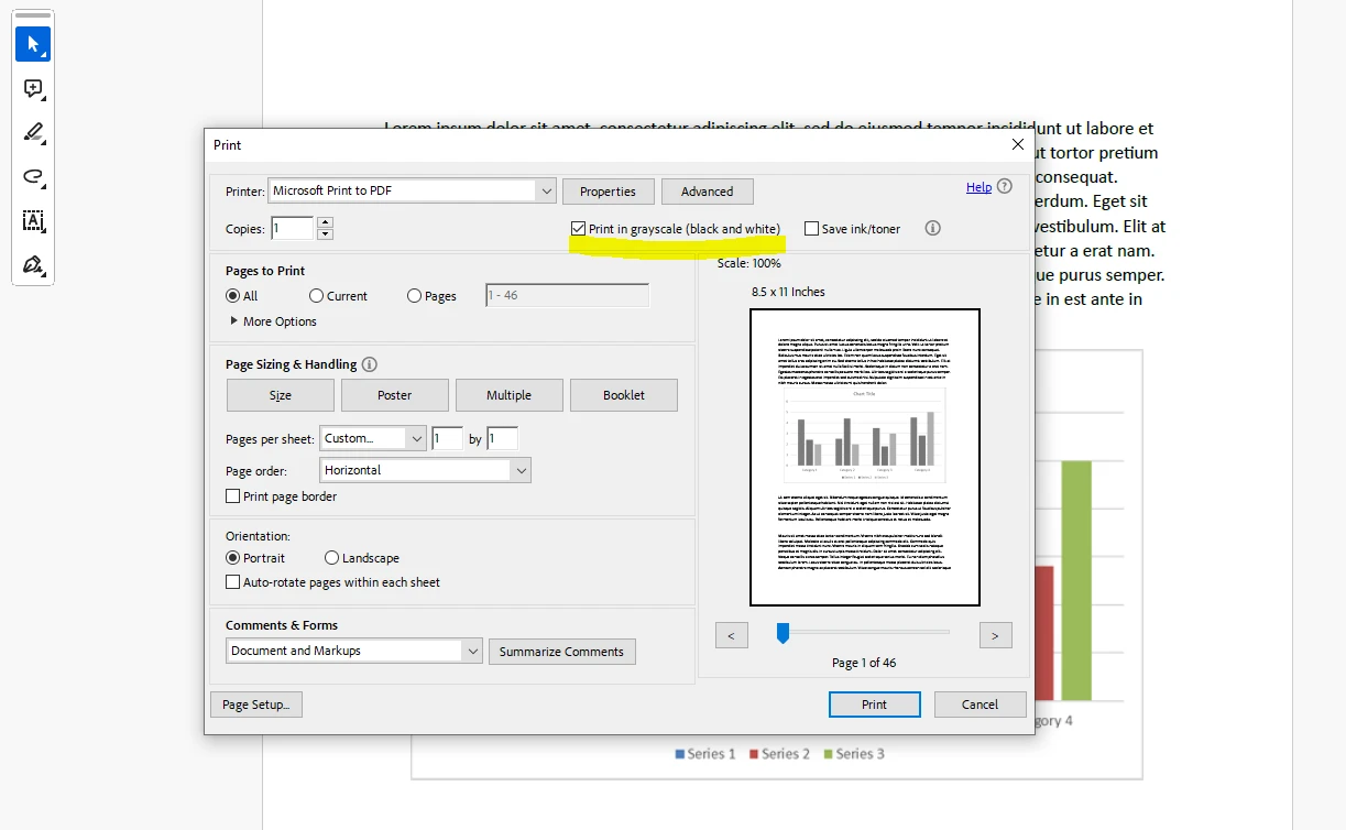 How to Convert Color PDFs to Grayscale, Image 6: Selecting the 'Print in Grayscale' checkbox