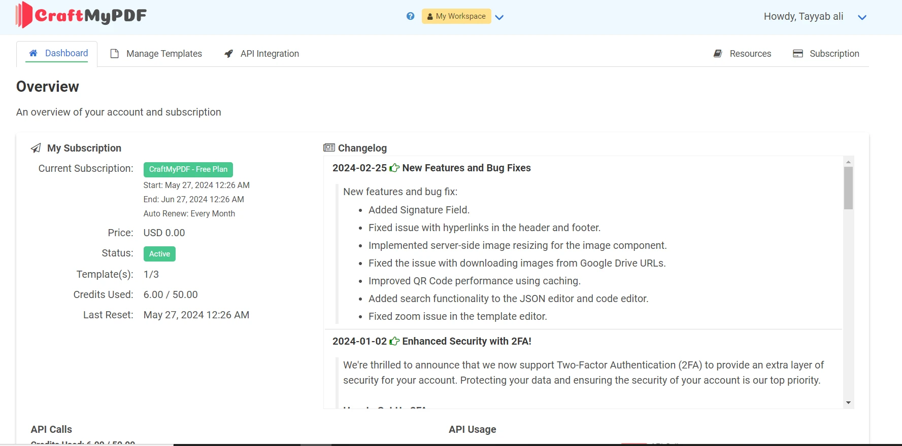 A Comparison Between CraftMyPDF & IronPDF: Figure 3 - CraftMyPDF account page