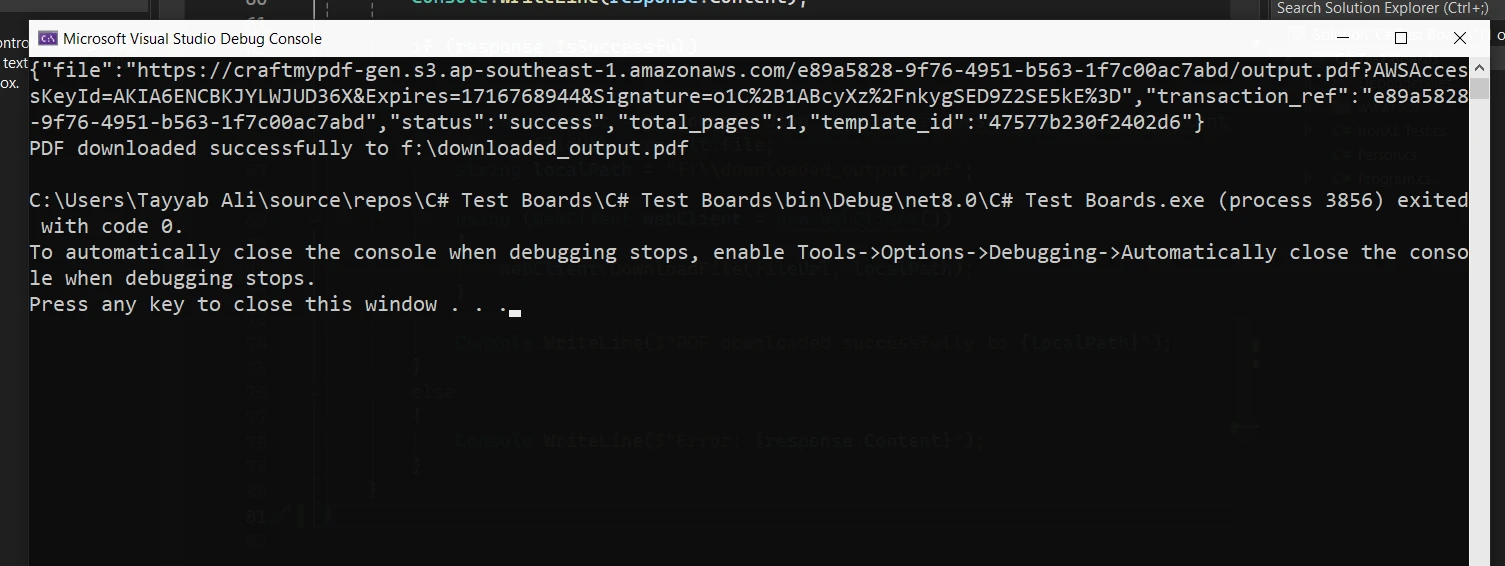 A Comparison Between CraftMyPDF & IronPDF: Figure 7 - Example output indicating a successful response object