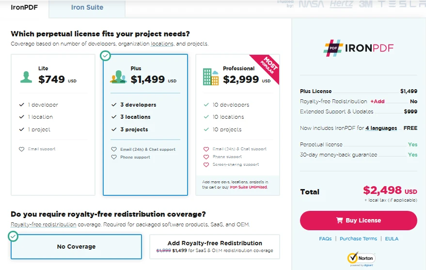 A Comparison Between CraftMyPDF & IronPDF: Figure 9 - A Comparison Between IronPDF & DinktoPDF: Figure 10 - IronPDF's licensing options.