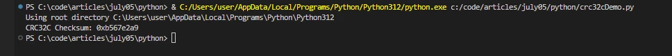 crc32c Python (How It Works For Developers): Figure 2 - Console output displaying the CRC32C Checksum value for the given data.