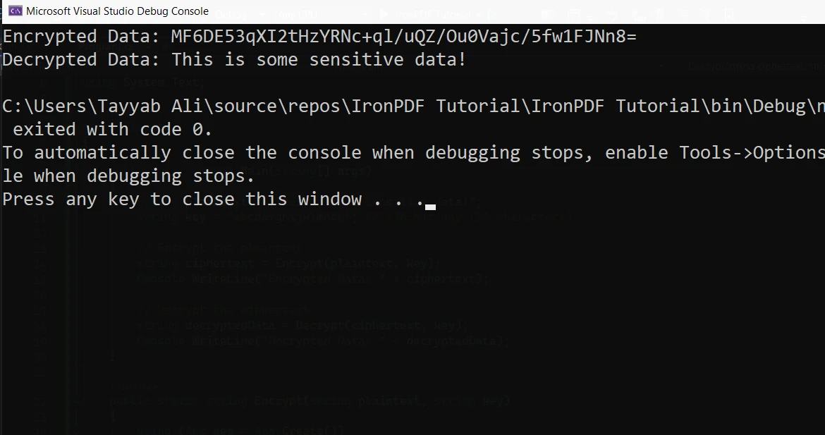 C# AES Encryption (How It Works For Developers): Figure 1 - Encryption and Decryption Output using Memory Stream