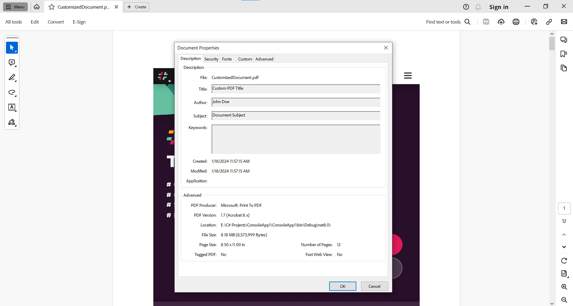 C# Attributes (How It Works For Developer): Figure 2 - Viewing outputted PDF's metadata through 'Document Properties'