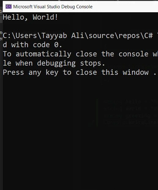 C# Concatenate Strings (How It Works For Developers): Figure 1 - Console output for the above concatenate strings in C# program: "Hello, World!"