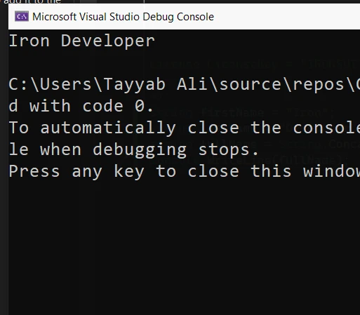 C# Concatenate Strings (How It Works For Developers): Figure 2 - Console output using the Concat method: "Iron Developer"