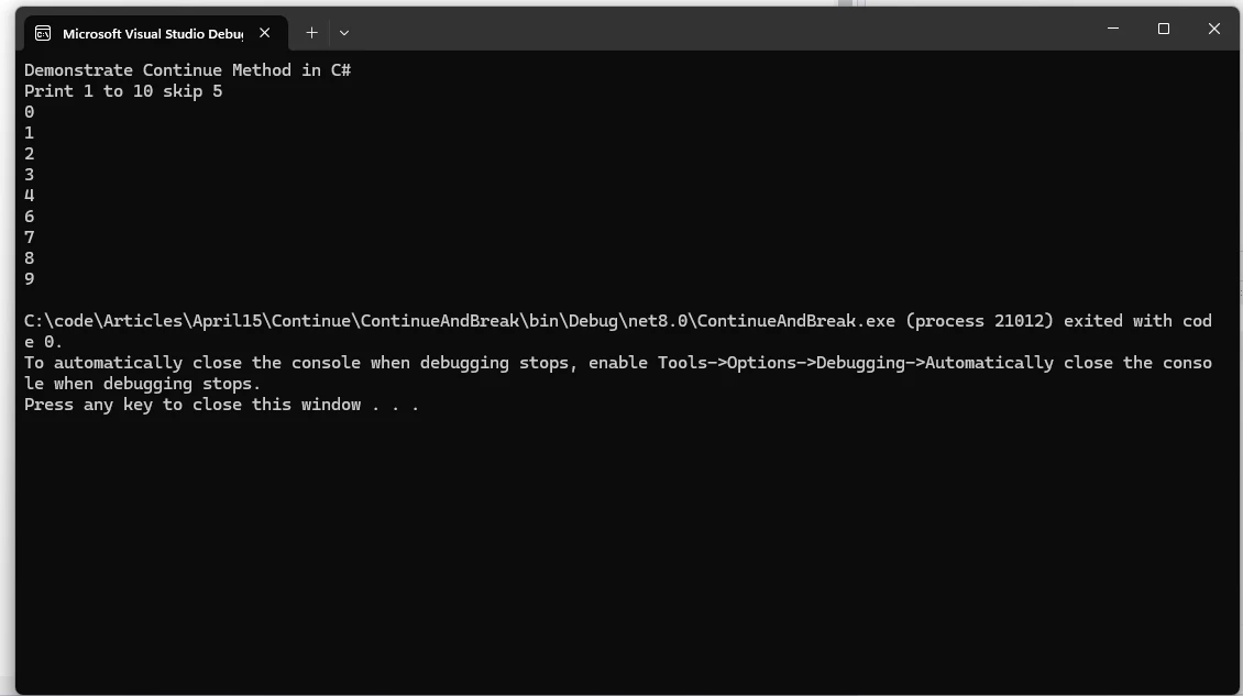 C# Continue (How It Works For Developers): Figure 1 - Console output showing case 5 is skipped due to continue statement