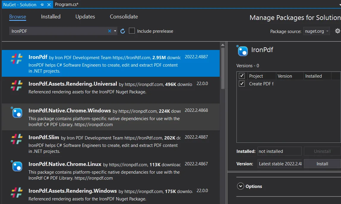 C# Create PDF File Programmatically, Figure 2: Search and install IronPdf package