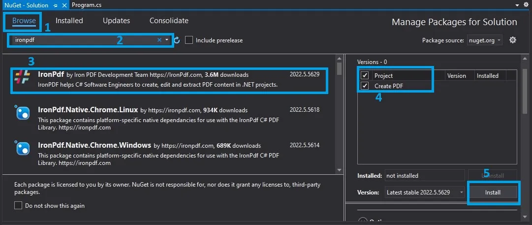 C# Create PDF (Code Example Tutorial), Figure 05: Install the IronPdf package from the NuGet Package Manager