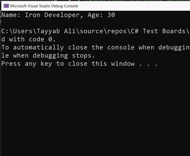 C# Deconstructor (How It Works For Developers): Figure 1 - Console output for Deconstructor C#: Name: Iron Developer, Age: 30