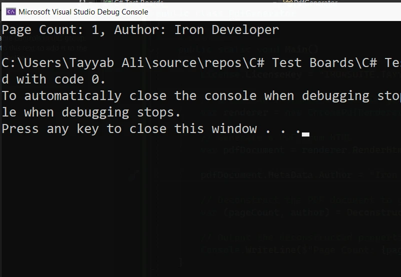 C# Deconstructor (How It Works For Developers): Figure 2 - Console Output displaying PDF page count and author information.