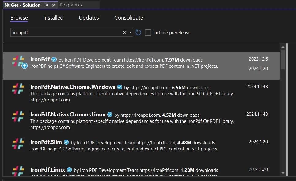 C# Delegates (How It Works For Developers): Figure 2 - Installing the IronPDF library through NuGet Package Manager