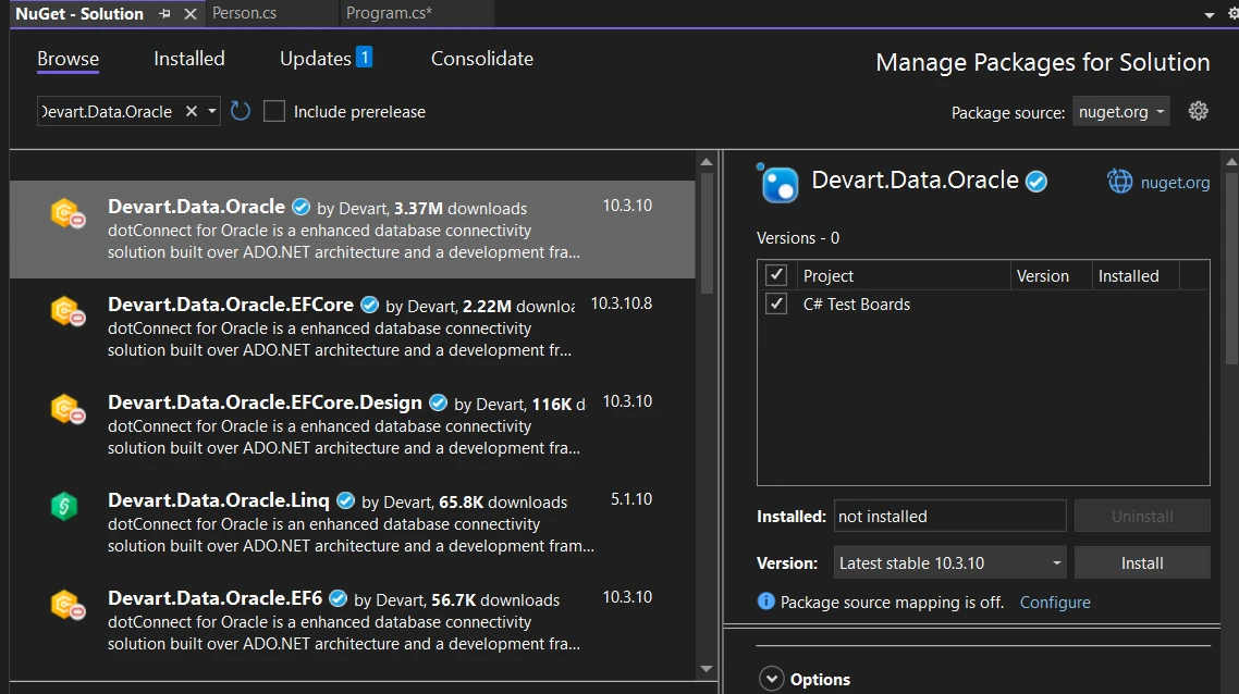 C# Devart.Data.Oracle (How It Works For Developers): Figure 1 - Searching for Devart.Data.Orcale through NuGet Package Manager in Visual Studio