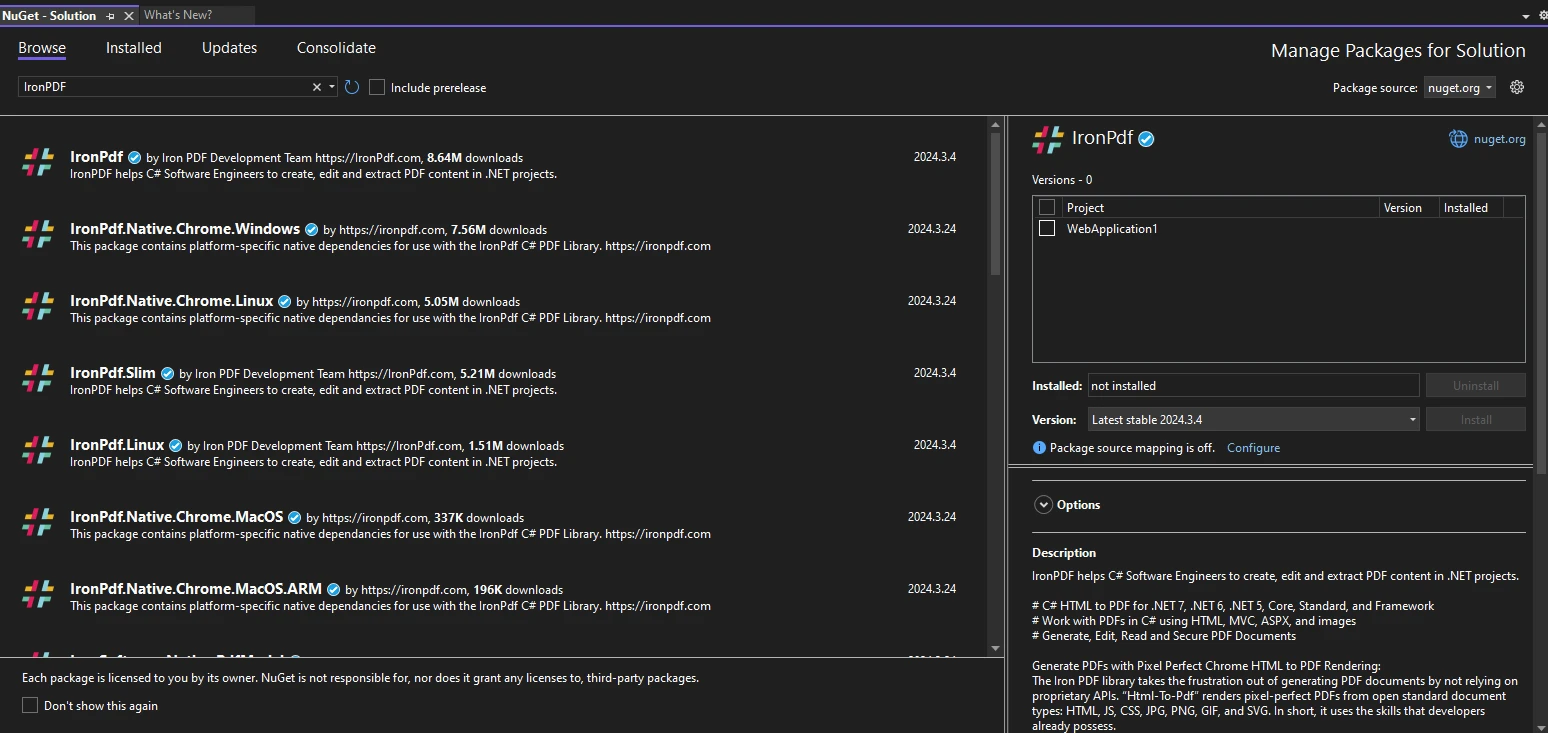 C# Enums (How It Works For Developers): Figure 2 - Install IronPDF by searching "IronPDF" using the NuGet Package Manager