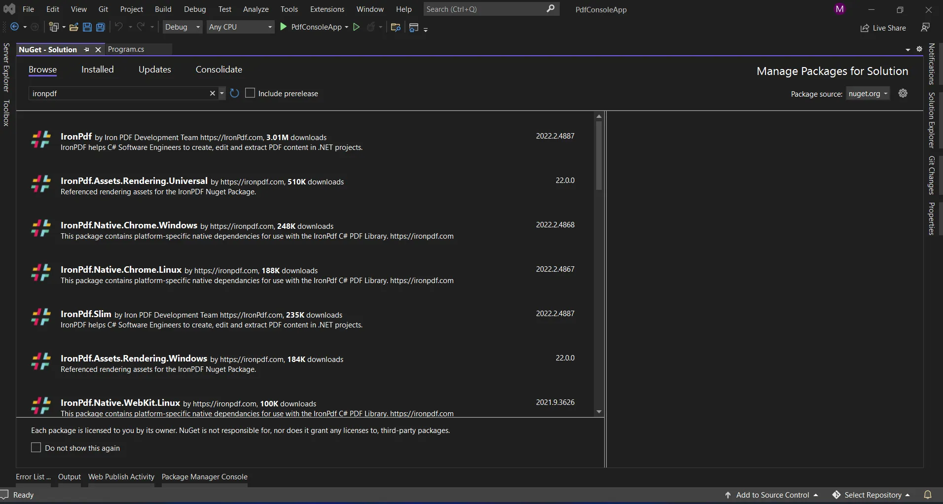 C# Extract Text From PDF (Code Example Tutorial), Figure 6: IronPdf library in NuGet Package Manager