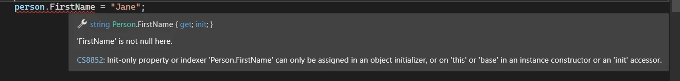 C# Init Keyword (How It Works For Developers): Figure 1 - IDE throwing an error due to properities being marked as init-only