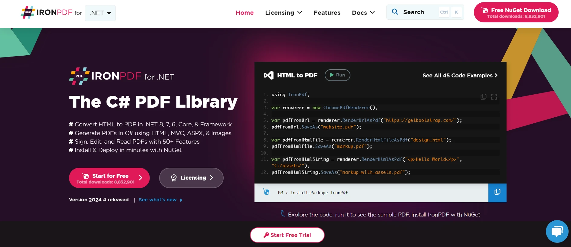 C# Logging (How It Works For Developers): Figure 2 - IronPDF homepage