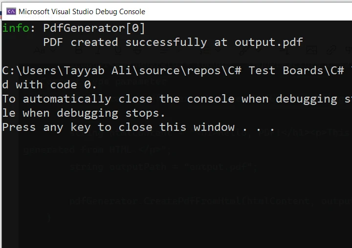 C# Logging (How It Works For Developers): Figure 3 - Console output showcasing info-level logging messages after integrating with IronPDF