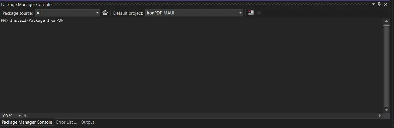 Creating a PDF file in .NET MAUI Using IronPDF, Figure 6: Install the package in the Package Manager Console