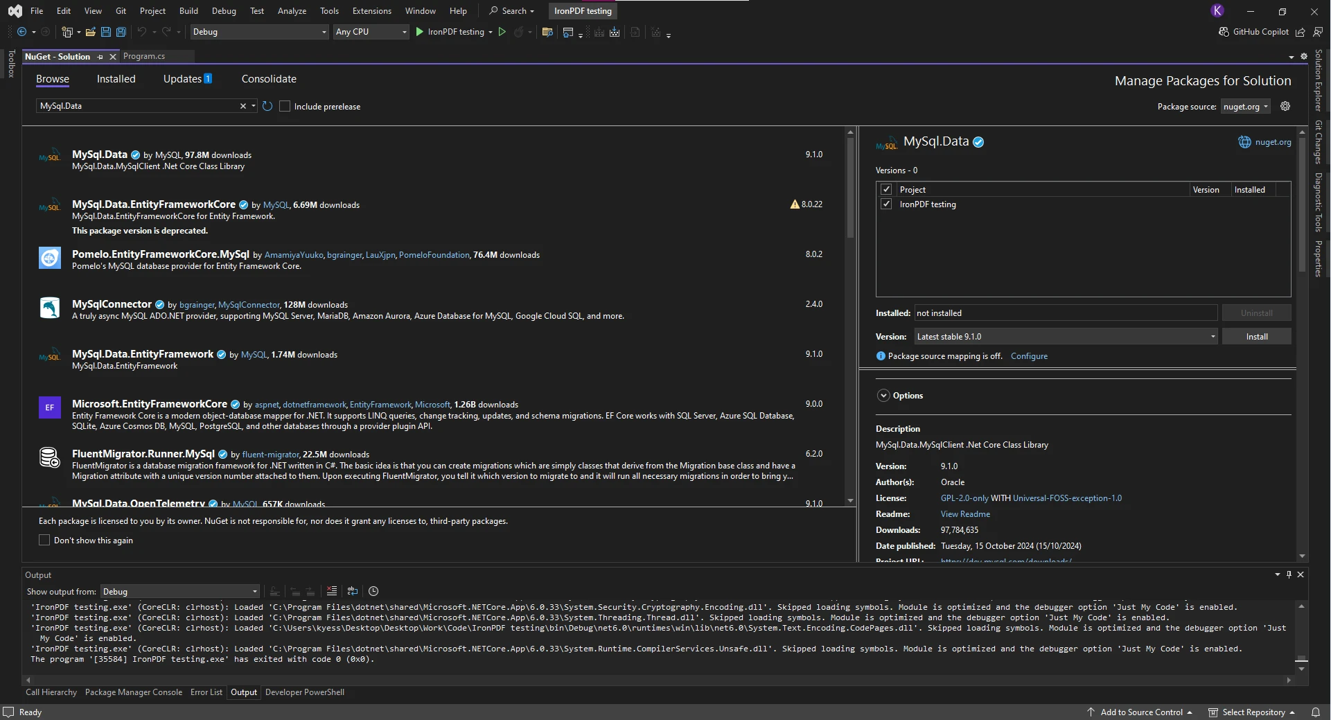 C# MySQL Connection (How it Works for Developers): Figure 2 - Installing MySql.Data from the NuGet Package Manager