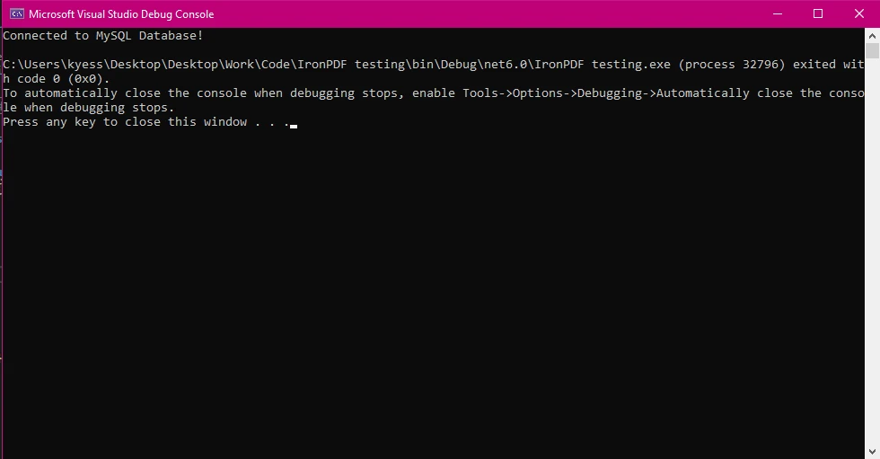 C# MySQL Connection (How it Works for Developers): Figure 3 - Console Output: Successful connection