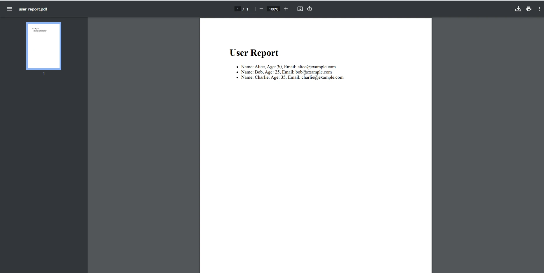 C# Named Tuples (How it Works for Developers): Figure 6 - Output PDF - User Report Example Using Tuples and Foreach Loop