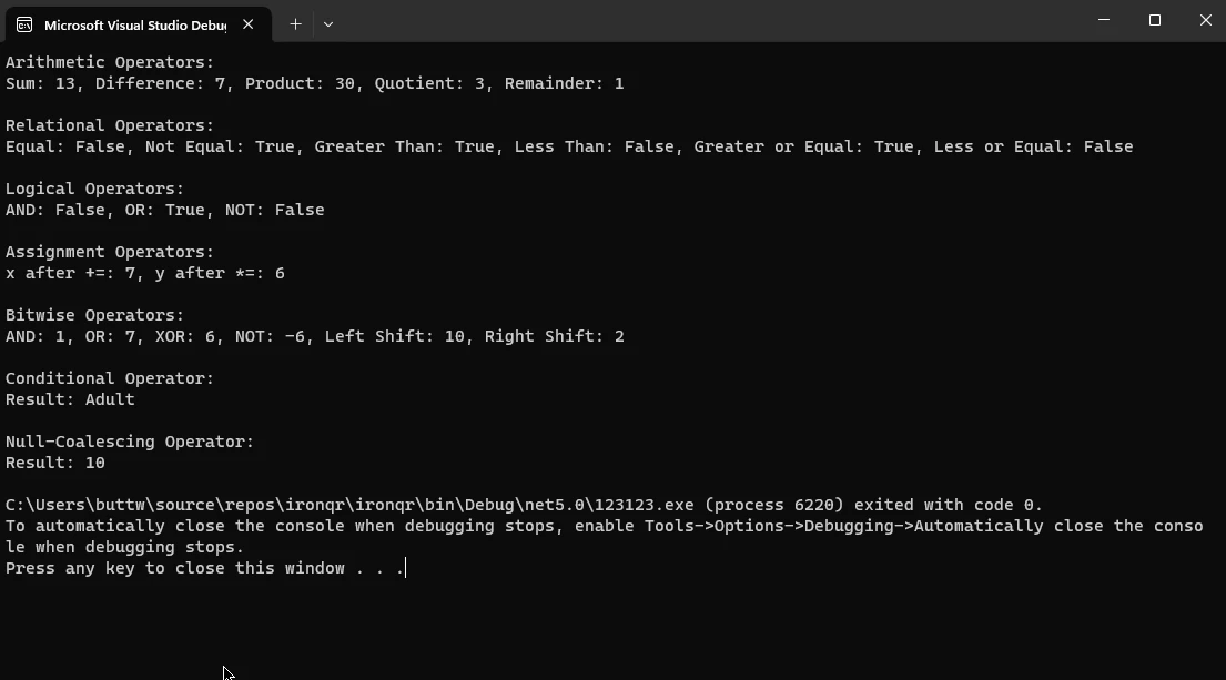 C# Operator (How It Works For Developers): Figure 1 - All operator outputs.