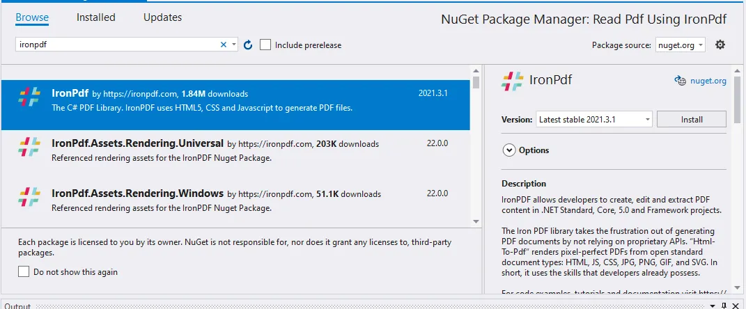 C# Read PDF File: Easy Tutorial, Figure 7: Install Free IronPdf