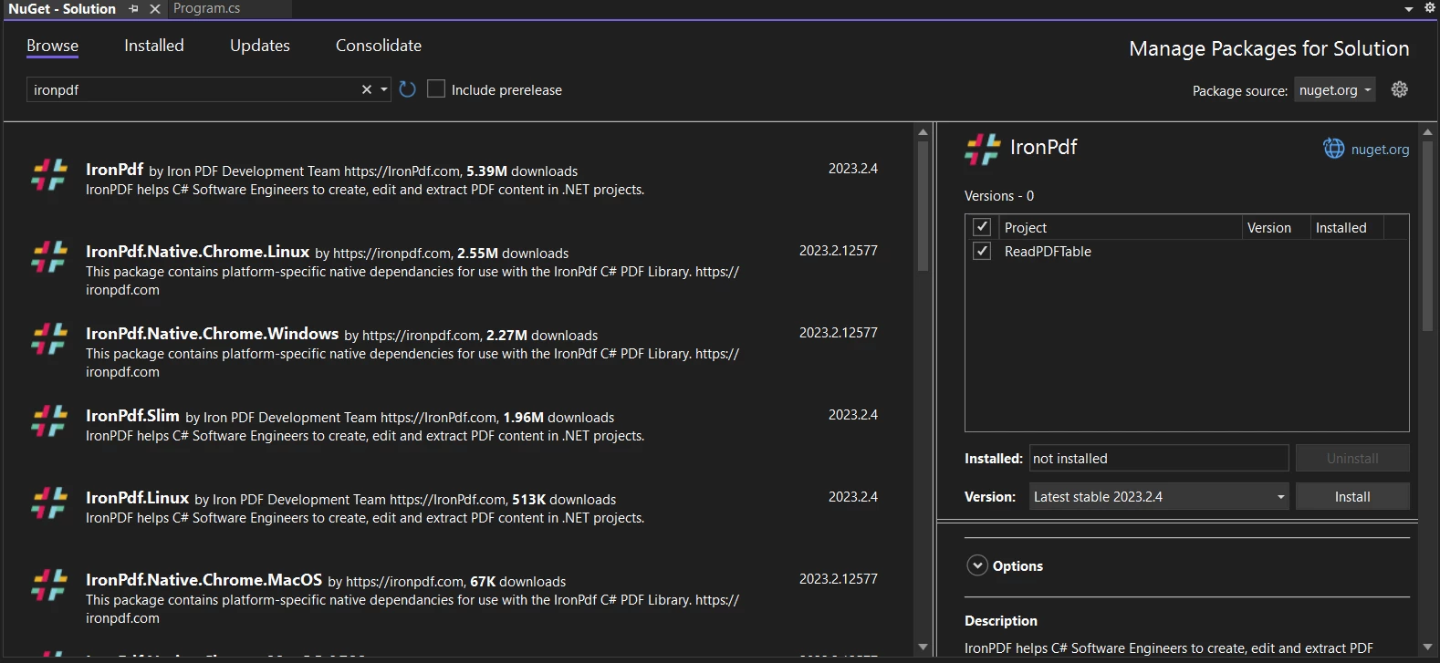 How to Read PDF Table in C#, Figure 7: Search for IronPDF in NuGet Package Manager UI