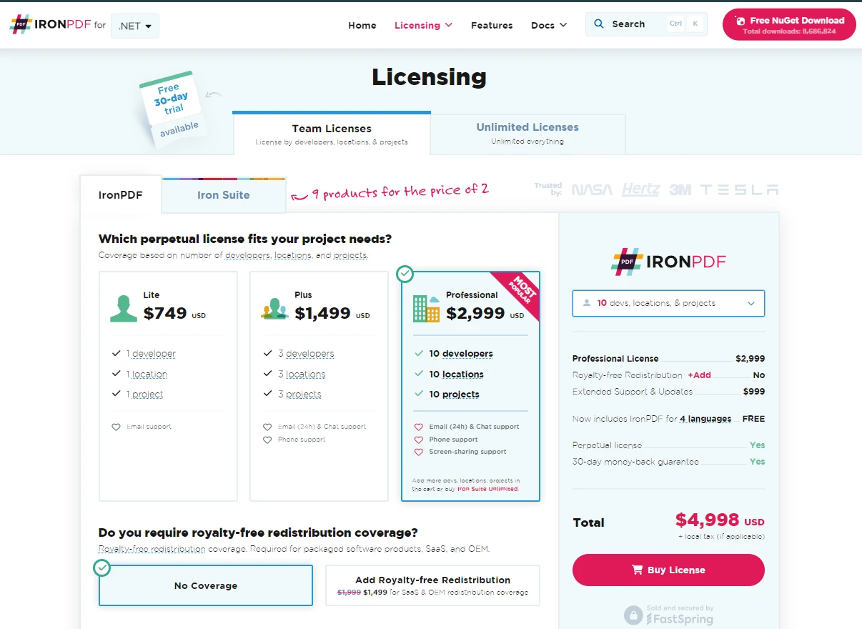 IronPDF licensing page