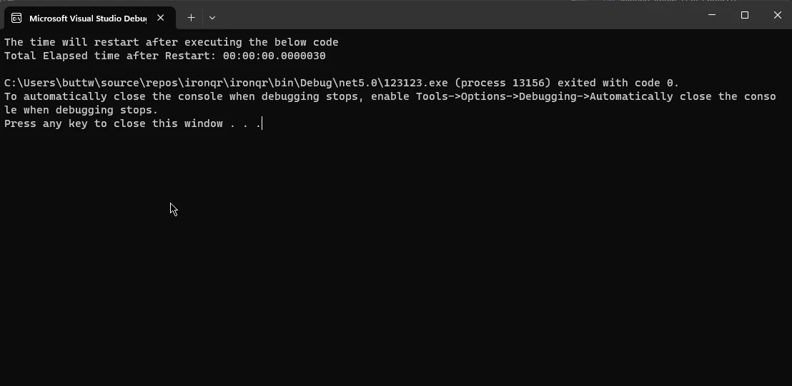 C# Stopwatch (How It Works For Developers): Figure 2 - Restart Output