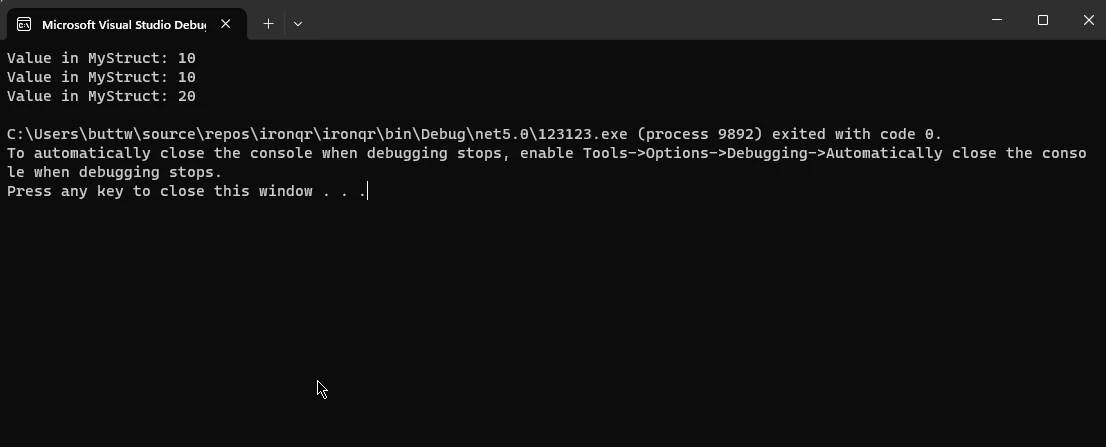 C# Struct vs Class (How It Works For Developers): Figure 2 - Output in the console from the previous code