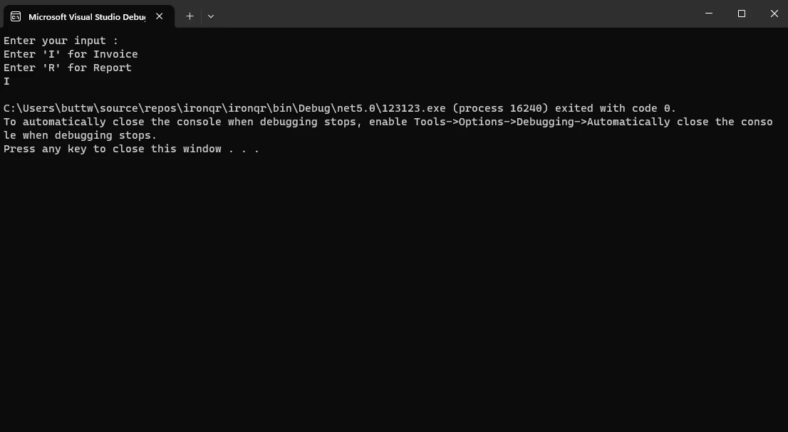 C# Switch Statement (How It Works For Developers) Figure 3 - User input in Console (Invoice)