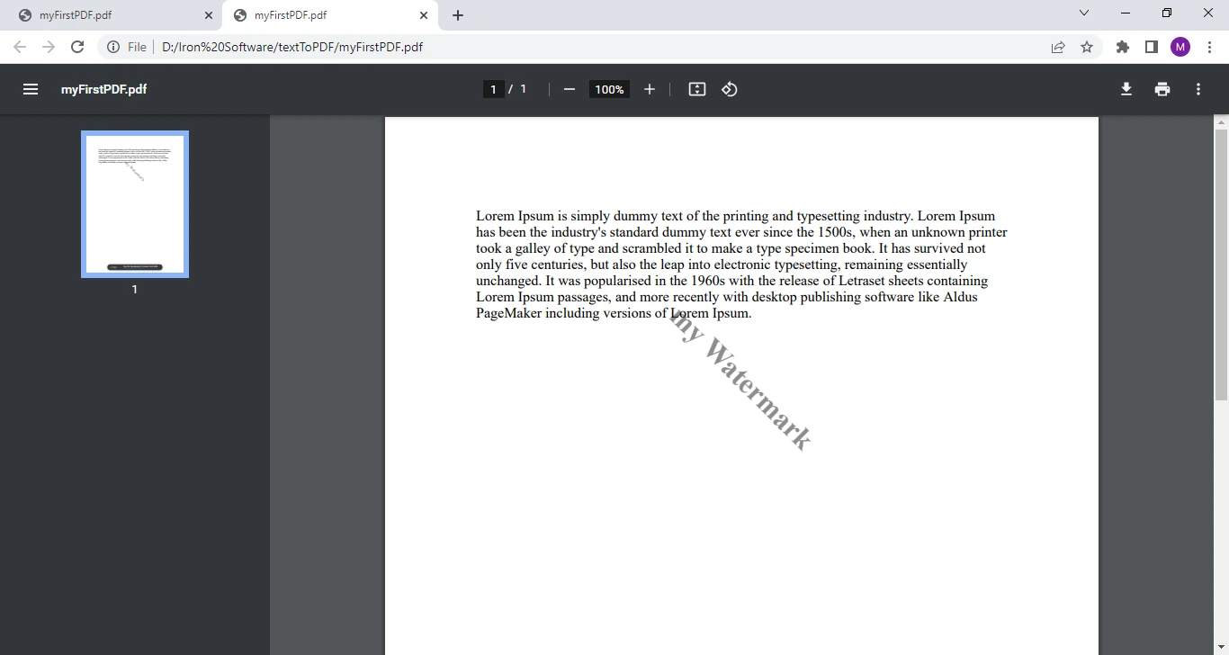 C# Text to PDF (Code Example Tutorial), Figure 7: The PDF file with the watermark in the center