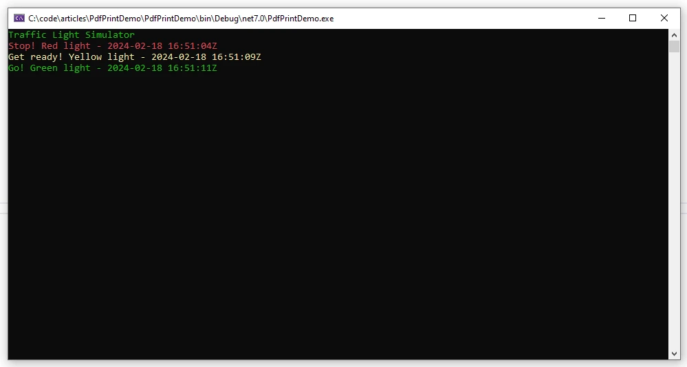 C# Thread Sleep Method (How It Works For Developers): Figure 1 - Program Output: Display the Traffic Light Simulator using Thread.Sleep() method.