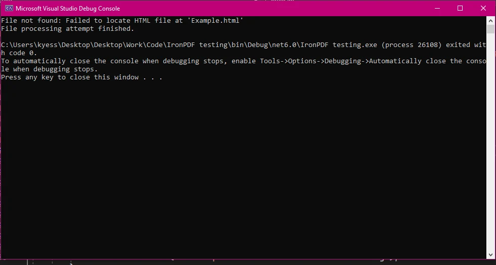 C# try catch finally (How It Works For Developers): Figure 1 - FileNotFoundException Console Output