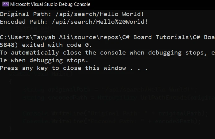 C# URL Encode (How It Works For Developers): Figure 2 - Console output showing the original and encoded strings 