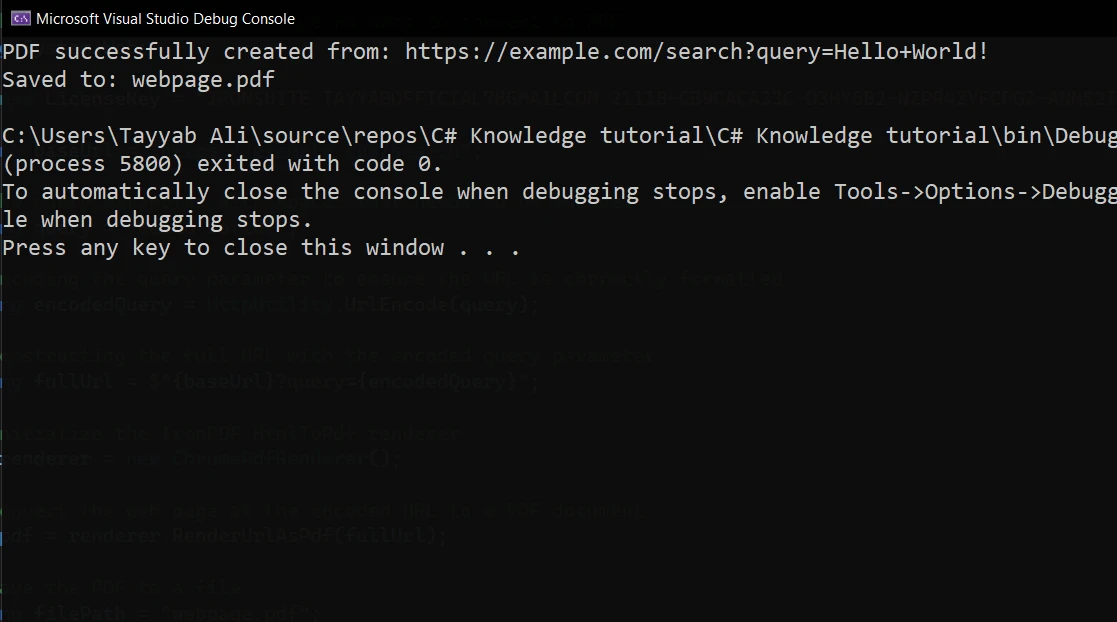 C# URL Encode (How It Works For Developers): Figure 5 - Console output on the success of converting URL to PDF